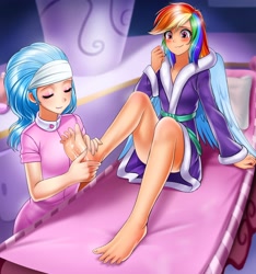 Size: 3000x3209 | Tagged: safe, artist:racoonsan, character:aloe, character:rainbow dash, species:human, barefoot, bathrobe, blushing, clothing, commission, cute, dashabetes, duo, duo female, eyes closed, feet, female, foot fetish, foot massage, hnnng, humanized, massage, robe, sitting, smiling, spa, spa robe, strategically covered, teary eyes, tickling, wavy mouth, winged humanization, wings