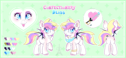 Size: 1599x738 | Tagged: safe, artist:pvrii, oc, oc only, oc:confectionery bliss, species:bat pony, species:pony, chest fluff, colored pupils, dock, ear fluff, ear piercing, featureless crotch, female, freckles, mare, piercing, plot, raised hoof, reference sheet, solo, tongue out, tongue piercing