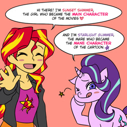 Size: 1000x1000 | Tagged: safe, artist:raika0306, character:starlight glimmer, character:sunset shimmer, my little pony:equestria girls, blush sticker, blushing, counterparts, dialogue, drama, eyes closed, heart, looking at you, one eye closed, open mouth, red background, simple background, smiling, starlight drama, sunset vs starlight debate, tongue out, twilight's counterparts, waving, wink