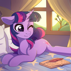 Size: 3000x3000 | Tagged: safe, artist:fensu-san, character:twilight sparkle, species:pony, species:unicorn, bed, bedroom, book, explicit source, female, floppy ears, morning ponies, one eye closed, pillow, prone, sleepy, solo