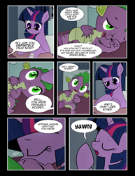 Size: 1275x1650 | Tagged: safe, artist:dsana, character:spike, character:twilight sparkle, species:dragon, species:pony, comic:to look after, bed, comic, cute, hospital, hospital bed, mama twilight, nuzzling, semi-grimdark series, spikabetes, suspiciously specific denial, twiabetes, yawn