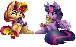 Size: 9757x6012 | Tagged: safe, artist:cutepencilcase, character:sunset shimmer, character:twilight sparkle, character:twilight sparkle (alicorn), species:alicorn, species:pony, species:unicorn, ship:sunsetsparkle, absurd resolution, chest fluff, commission, crush plush, cute, cutepencilcase is trying to murder us, female, lesbian, plushie, self plushidox, shimmerbetes, shipping, simple background, smiling, transparent background, twiabetes, underhoof, ych result