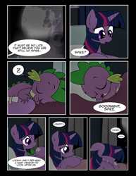 Size: 1275x1650 | Tagged: safe, artist:dsana, character:spike, character:twilight sparkle, species:dragon, species:pony, comic:to look after, bed, comic, crying, hospital, hospital bed, mare in the moon, moon, semi-grimdark series, sleeping, z