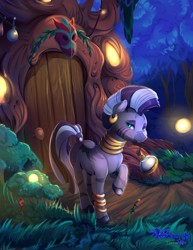 Size: 1700x2200 | Tagged: safe, artist:viwrastupr, character:zecora, species:zebra, blushing, everfree forest, female, flashback potion, looking at you, mouth hold, night, poison joke, potion, scenery, signature, solo, tree, zecora's hut