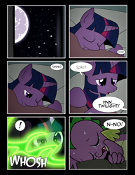 Size: 1275x1650 | Tagged: safe, artist:dsana, character:spike, character:twilight sparkle, species:dragon, species:pony, comic:to look after, bad dream, comic, crying, female, mare, moon, night, semi-grimdark series, sleeping