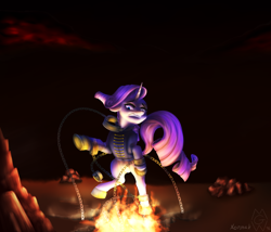 Size: 3500x3000 | Tagged: safe, artist:mykegreywolf, artist:xormak, character:rarity, species:pony, species:unicorn, chains, clothing, collaboration, crack, crossover, cuffs, fear, female, fire, fissure, hell, hell to your doorstep, jacket, lineless, rarifort, shackles, soft shading, solo, the count of monte cristo, villefort