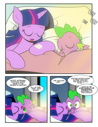 Size: 1275x1650 | Tagged: safe, artist:dsana, character:spike, character:twilight sparkle, species:dragon, species:pony, comic:to look after, bed, comic, hospital, hospital bed, offscreen character, semi-grimdark series, sleeping, thumb sucking