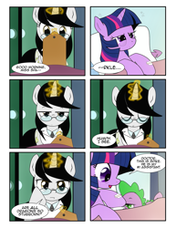 Size: 1275x1650 | Tagged: safe, artist:dsana, character:spike, character:twilight sparkle, oc, oc:white scrubs, species:dragon, species:pony, species:unicorn, comic:to look after, bags under eyes, bed, comic, female, hospital bed, magic, mare, semi-grimdark series, sleepy