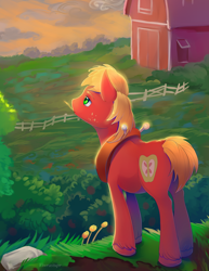 Size: 1700x2200 | Tagged: safe, artist:viwrastupr, character:big mcintosh, species:pony, barn, cloud, fence, freckles, grass, lidded eyes, looking at something, male, scenery, solo, stallion, sunset, sweet apple acres