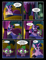 Size: 1275x1650 | Tagged: safe, artist:dsana, character:spike, character:twilight sparkle, character:twilight sparkle (alicorn), species:alicorn, species:dragon, species:pony, comic:to look after, bed, book, comic, reading, semi-grimdark series, twilight's castle