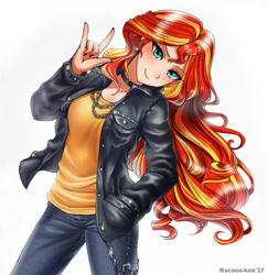 Size: 800x823 | Tagged: safe, artist:racoonsan, character:sunset shimmer, species:human, choker, clothing, devil horn (gesture), female, humanized, jacket, leather jacket, looking at you, nail polish, simple background, smiling, solo, white background