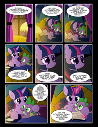 Size: 1275x1650 | Tagged: safe, artist:dsana, character:spike, character:twilight sparkle, character:twilight sparkle (alicorn), species:alicorn, species:dragon, species:pony, comic:to look after, bed, book, comic, magic, semi-grimdark series, twilight's castle
