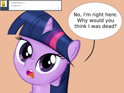Size: 1280x960 | Tagged: safe, artist:cybersquirrel, character:twilight sparkle, species:pony, species:unicorn, ask, bust, dialogue, female, looking at you, open mouth, orange background, portrait, simple background, solo, tumblr