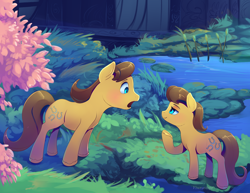 Size: 2200x1700 | Tagged: safe, artist:viwrastupr, character:caramel, character:toffee, species:earth pony, species:pony, bedroom eyes, blushing, close-up, lily pad, open mouth, pond, raised hoof, underhoof