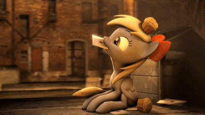 Size: 420x237 | Tagged: safe, artist:sourcerabbit, character:derpy hooves, species:pegasus, species:pony, 3d, animated, back alley, behaving like a dog, cute, derpabetes, female, food, gif, head tilt, letter, muffin, ribbon, solo, source filmmaker, sourcerabbit is trying to murder us, weapons-grade cute