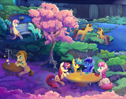 Size: 2100x1650 | Tagged: safe, artist:viwrastupr, character:bon bon, character:caramel, character:doctor whooves, character:lemon hearts, character:lyra heartstrings, character:minuette, character:moondancer, character:sweetie drops, character:time turner, character:toffee, character:twinkleshine, species:changeling, species:pony, beautiful, canterlot five, color porn, cup, curved horn, drink, fascinating, food, friends, glass, glasses, glowing horn, lake, looking at each other, magic, male, model, necktie, park, ponidox, raised hoof, salad, scenery, self ponidox, smiling, solar system, solar system model, stallion, surprised, table, tree, water