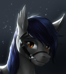 Size: 2250x2520 | Tagged: safe, artist:mykegreywolf, oc, oc only, oc:echo, species:bat pony, species:pony, bit, blinders, bridle, commission, handsome, moonlight, realistic, solo, stars, tack