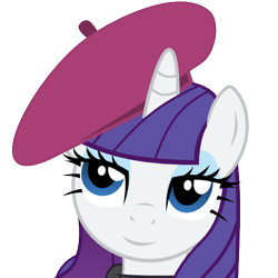 Size: 512x512 | Tagged: safe, artist:the smiling pony, character:rarity, species:pony, species:unicorn, derpibooru, .svg available, beatnik rarity, beret, bust, clothing, derpibooru badge, female, hat, lidded eyes, mare, meta, portrait, simple background, smiling, solo, svg, sweater, transparent background, vector