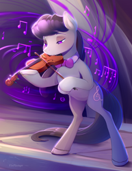 Size: 1700x2200 | Tagged: safe, artist:viwrastupr, character:octavia melody, species:pony, backwards cutie mark, bipedal, bow (instrument), close-up, female, music, music notes, solo, stage, violin, violin bow