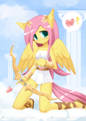 Size: 1075x1512 | Tagged: safe, artist:howxu, character:fluttershy, species:anthro, species:pegasus, species:plantigrade anthro, angel, arrow, bow (weapon), bow and arrow, clothing, cloud, column, cupid, cute, female, fluttershy the angel, greek mythology, heart, kneeling, sandals, shyabetes, smiling, solo, weapon