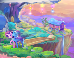Size: 2100x1650 | Tagged: safe, artist:viwrastupr, character:starlight glimmer, character:trixie, species:pony, beautiful, bridge, cape, castle, clothing, color porn, colored pupils, duo, duo female, eyes closed, female, friends, hat, lidded eyes, ponyville, raised hoof, scenery, scenery porn, smiling, trixie's cape, trixie's hat, trixie's wagon