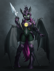 Size: 1800x2360 | Tagged: safe, artist:mykegreywolf, oc, oc only, oc:dusk eclipse, species:anthro, species:bat pony, species:pony, species:unguligrade anthro, anthro oc, armor, belly button, big wings, fangs, female, helmet, looking at you, mare, night guard, open mouth, raffle prize, request, smiling, solo, spear, weapon, wings