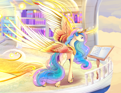 Size: 2200x1700 | Tagged: safe, artist:viwrastupr, character:princess celestia, species:alicorn, species:pony, balcony, beautiful, big wings, book, crown, cutie mark, epic wings, ethereal mane, feather, female, flowing mane, flowing tail, glowing horn, glowing wings, hoof shoes, jewelry, lidded eyes, magic, majestic, mare, multicolored hair, powerful, purple eyes, regal, regalia, royalty, smiling, solo, tiara, wings