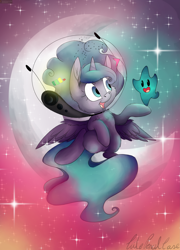 Size: 5349x7417 | Tagged: safe, artist:cutepencilcase, character:princess luna, species:alicorn, species:pony, absurd resolution, astronaut, cheek fluff, chest fluff, chibi, cute, duo, ear fluff, female, filly, fluffy, helmet, looking at each other, luma, lunabetes, open mouth, signature, smiling, space, space helmet, stars, super mario bros., super mario galaxy, wing fluff
