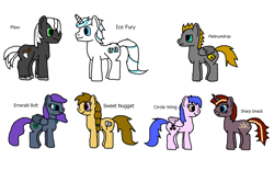 Size: 768x480 | Tagged: safe, artist:platinumdrop, oc, oc only, oc:circle wing, oc:emerald bolt, oc:ice fury, oc:platinumdrop, oc:plow, oc:sharp smack, oc:sweet nugget, species:earth pony, species:pegasus, species:pony, species:unicorn, doodle, female, flockmod, male, mare, simple background, stallion, white background