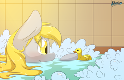 Size: 1280x832 | Tagged: safe, artist:fluffyxai, character:derpy hooves, species:pegasus, species:pony, bath, blushing, bubble bath, cute, derpabetes, female, rubber duck, smiling, solo