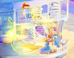 Size: 2100x1650 | Tagged: safe, artist:viwrastupr, character:philomena, character:princess celestia, character:raven inkwell, species:alicorn, species:phoenix, species:pony, balcony, beautiful, big wings, book, bright, cloud, crown, curved horn, cutie mark, epic wings, ethereal mane, female, flowing mane, flying, glowing horn, jewelry, lidded eyes, magic, majestic, mare, master and pet, multicolored hair, pet, powerful, reading, regalia, scenery, smiling, sparkles, telekinesis, tiara