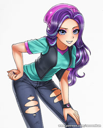 Size: 600x743 | Tagged: safe, artist:racoonsan, character:starlight glimmer, equestria girls:mirror magic, g4, my little pony: equestria girls, my little pony:equestria girls, spoiler:eqg specials, beanie, clothing, female, hat, human coloration, jeans, looking at you, nail polish, pants, ripped jeans, shirt, simple background, solo, vest, watch, white background, wristwatch