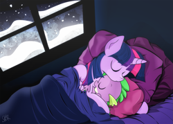 Size: 1481x1058 | Tagged: safe, artist:dsana, character:spike, character:twilight sparkle, character:twilight sparkle (alicorn), species:alicorn, species:dragon, species:pony, ship:twispike, baby, baby dragon, bed, blanket, cuddling, cute, dawwww, dsana is trying to murder us, eyes closed, fangs, female, horn, husband and wife, indoors, lying down, male, mare, night, on side, pillow, shipping, signature, sleeping, smiling, snow, snowfall, snuggling, spikabetes, spikelove, twiabetes, window