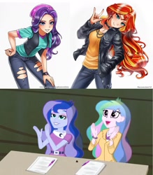 Size: 1281x1460 | Tagged: safe, artist:racoonsan, edit, character:princess celestia, character:princess luna, character:principal celestia, character:starlight glimmer, character:sunset shimmer, character:vice principal luna, species:human, equestria girls:mirror magic, equestria girls:rainbow rocks, g4, my little pony: equestria girls, my little pony:equestria girls, spoiler:eqg specials, beanie, choker, clothing, devil horn (gesture), female, hat, human coloration, humanized, jacket, jeans, leather jacket, looking at you, nail polish, pants, ripped jeans, shirt, simple background, smiling, vest, vice principal luna, watch, white background, wristwatch