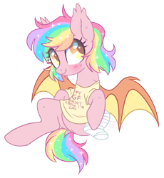 Size: 2250x2443 | Tagged: safe, artist:hawthornss, oc, oc only, oc:paper stars, species:bat pony, species:pony, amputee, bandage, bat pony oc, blatant lies, blushing, clothing, cute, dock, ear fluff, female, glitterstars, implied lesbian, mare, missing limb, moonsugar is trying to kill us, scrunchy face, shirt, simple background, sitting, solo, spread wings, stump, sweat, transparent background, weapons-grade cute, wings