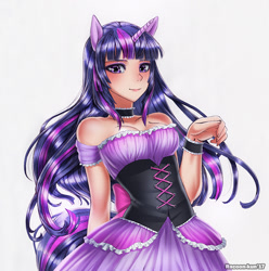 Size: 800x808 | Tagged: safe, artist:racoonsan, character:twilight sparkle, species:human, bare shoulders, choker, clothing, corset, dress, eared humanization, female, horned humanization, humanized, looking at you, simple background, solo, tailed humanization, traditional art, white background