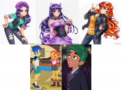 Size: 1731x1272 | Tagged: safe, artist:racoonsan, edit, screencap, character:flash sentry, character:starlight glimmer, character:sunset shimmer, character:timber spruce, character:twilight sparkle, species:human, ship:timbertwi, equestria girls:legend of everfree, equestria girls:mirror magic, g4, my little pony: equestria girls, my little pony:equestria girls, spoiler:eqg specials, bare shoulders, beanie, choker, clothing, converse, corset, counterparts, devil horn (gesture), dress, eared humanization, female, hat, horned humanization, human coloration, humanized, jacket, jeans, leather jacket, looking at you, male, nail polish, pants, ripped jeans, shipping, shirt, shoes, simple background, smiling, straight, tailed humanization, traditional art, twilight's counterparts, vest, watch, white background, wristwatch