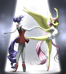Size: 2250x2520 | Tagged: safe, artist:mykegreywolf, character:fluttershy, character:rarity, species:anthro, species:plantigrade anthro, alternate hairstyle, backbend, ballerina, ballet slippers, big wings, clothing, dancing, duo, duo female, female, flexible, graceful, holding hands, leotard, pas de deux, pointe, princess tutu, smiling, spotlight, spread wings, tutu, wings