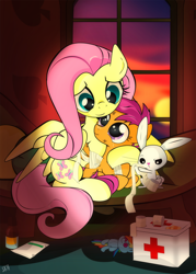 Size: 1006x1408 | Tagged: safe, artist:dsana, character:angel bunny, character:fluttershy, character:rainbow dash, character:scootaloo, species:pegasus, species:pony, angelbetes, bandage, commission, couch, cute, cutealoo, first aid, fluttermom, injured, kindness, plushie, scootalove, shyabetes, smiling, window