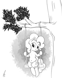 Size: 1024x1280 | Tagged: dead source, safe, artist:andelai, character:pinkie pie, belly, belly button, chubby, cute, fat, female, monochrome, pudgy pie, smiling, solo, swing, tree, tree branch