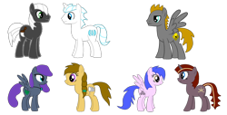 Size: 1392x706 | Tagged: safe, artist:platinumdrop, oc, oc only, oc:circle wing, oc:emerald bolt, oc:ice fury, oc:platinumdrop, oc:plow, oc:sharp smack, oc:sweet nugget, species:earth pony, species:pegasus, species:pony, species:unicorn, female, male, mare, simple background, stallion, transparent background