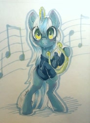 Size: 1076x1459 | Tagged: safe, artist:vincher, character:lyra heartstrings, species:pony, fanfic:background pony, bipedal, clothing, crying, dig the swell hoodie, female, hoodie, looking at you, lyre, magic, music notes, sad, solo, traditional art