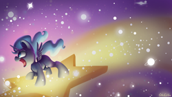 Size: 7680x4320 | Tagged: safe, artist:cutepencilcase, character:princess luna, absurd resolution, cute, female, lunabetes, missing accessory, open mouth, raised hoof, smiling, solo, spread wings, stars, wings