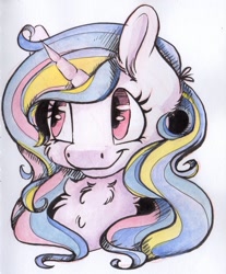Size: 1707x2059 | Tagged: safe, artist:cutepencilcase, character:princess celestia, species:alicorn, species:pony, chest fluff, cute, cutelestia, female, mare, simple background, smiling, solo, traditional art, watercolor painting, white background