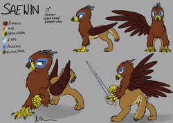 Size: 2000x1428 | Tagged: safe, artist:theandymac, oc, oc only, oc:saewin, species:griffon, species:pony, bipedal, male, rapier, reference sheet, solo, sword, weapon