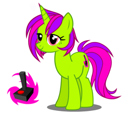 Size: 728x672 | Tagged: safe, artist:flash equestria photography, oc, oc only, oc:arcade fever, species:pony, species:unicorn, controller, cutie mark, freckles, joystick, show accurate, simple background, solo, vector