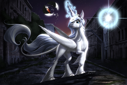 Size: 3040x2046 | Tagged: safe, artist:mykegreywolf, oc, oc only, oc:iridae, species:alicorn, species:pony, alicorn oc, building, city, cloven hooves, commission, crown, female, glowing horn, jewelry, long tail, magic, mare, moon, raised hoof, regalia, shattered, solo, starry night, stars, unshorn fetlocks