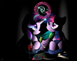 Size: 1307x1046 | Tagged: safe, artist:dsana, character:spike, character:starlight glimmer, character:twilight sparkle, character:twilight sparkle (alicorn), species:alicorn, species:dragon, species:pony, species:unicorn, alcohol, baby, baby dragon, blanket, book, cute, dark, drink, fangs, female, glass, glimmerbetes, magazine, magic, magic circle, male, mama twilight, mare, mother and child, mother and son, prone, signature, sleeping, spell, spikabetes, spikelove, twiabetes, wine