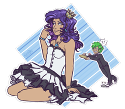Size: 1069x934 | Tagged: safe, artist:kikirdcz, character:rarity, character:spike, species:human, ship:sparity, butler, clothing, crown, dress, eyeshadow, female, humanized, jewelry, kneeling, makeup, male, regalia, shipping, simple background, smiling, straight, transparent background, tray, white dress