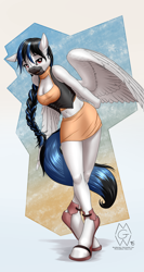 Size: 2000x3755 | Tagged: safe, artist:mykegreywolf, oc, oc only, oc:noon walker, species:anthro, species:pegasus, species:pony, species:unguligrade anthro, anthro oc, arm behind back, belly button, boots, braid, braided ponytail, breasts, cleavage, clothing, female, hoof boots, hoof shoes, legs, looking at you, mare, miniskirt, ponytail, raffle prize, shoes, skirt, smiling, solo, thighs
